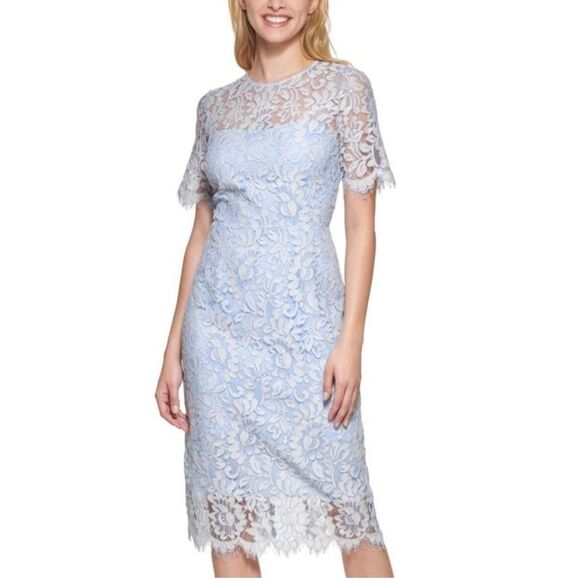 ✨Eliza J. Delicate Allover Lace Light/ Dusty blue Midi Sz 12 Dress✨ - Picture 1 of 8
